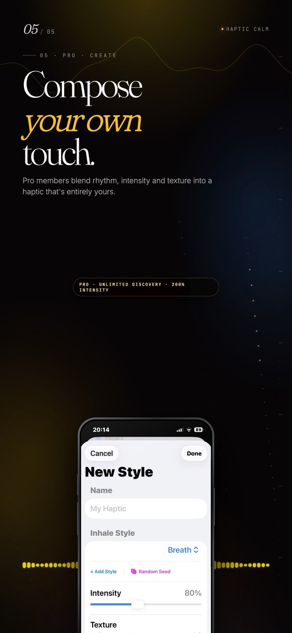 Haptic Calm App Store screenshot showing Pro Creation Mode with style, intensity and texture controls