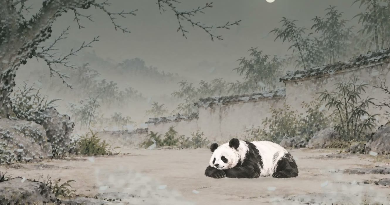 A winter night in a courtyard with plum branches under the moon; a panda sleeps on the stones.