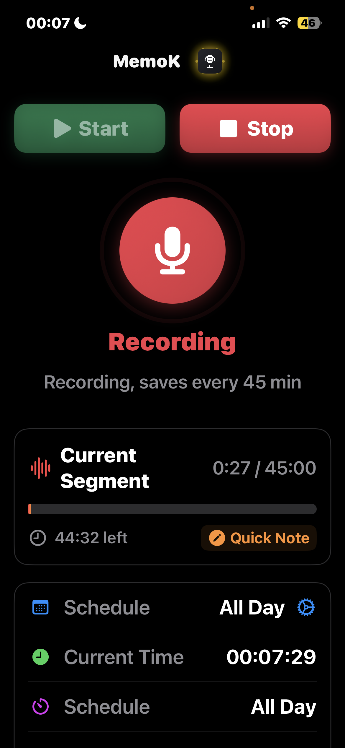 MemoK recording screen