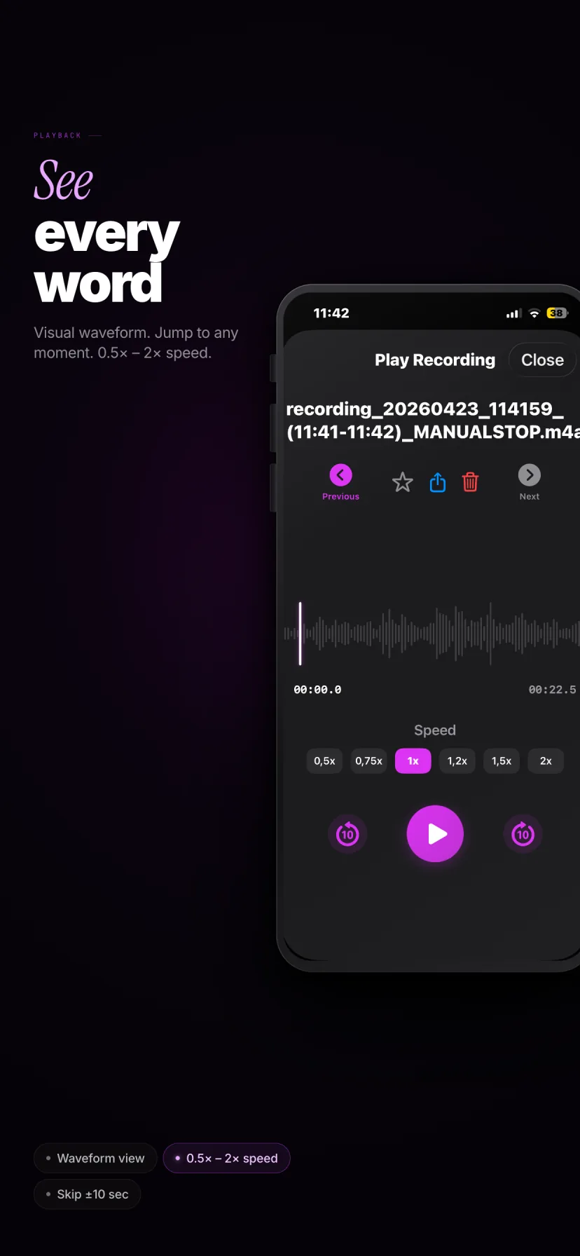 MemoK waveform playback with variable speed and skip controls