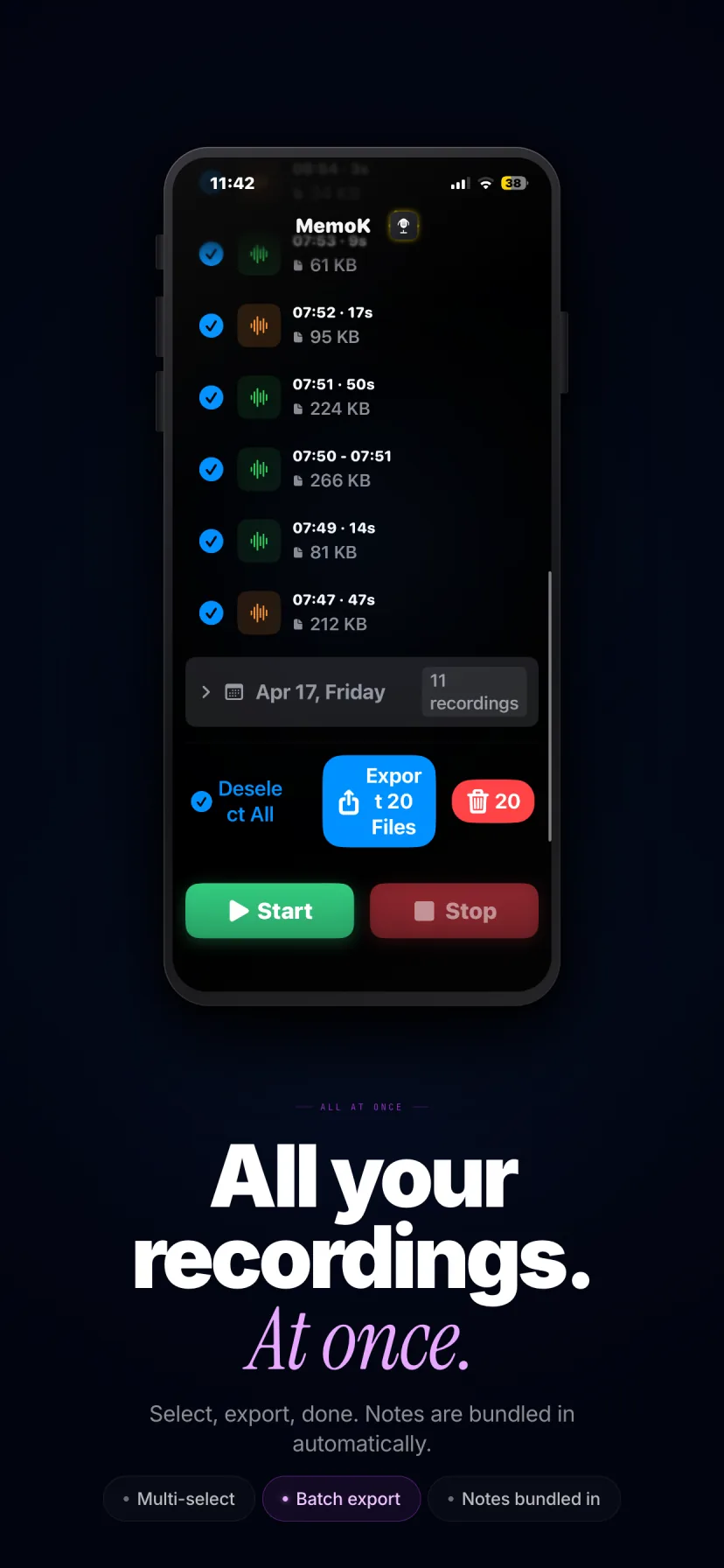 MemoK recordings list with selection, export, notes, and batch actions
