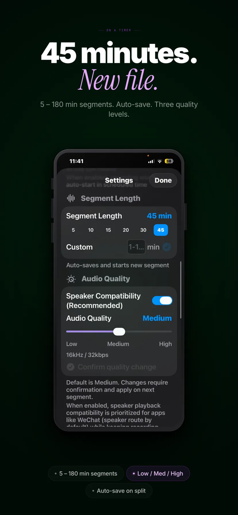 MemoK segment length and audio quality settings