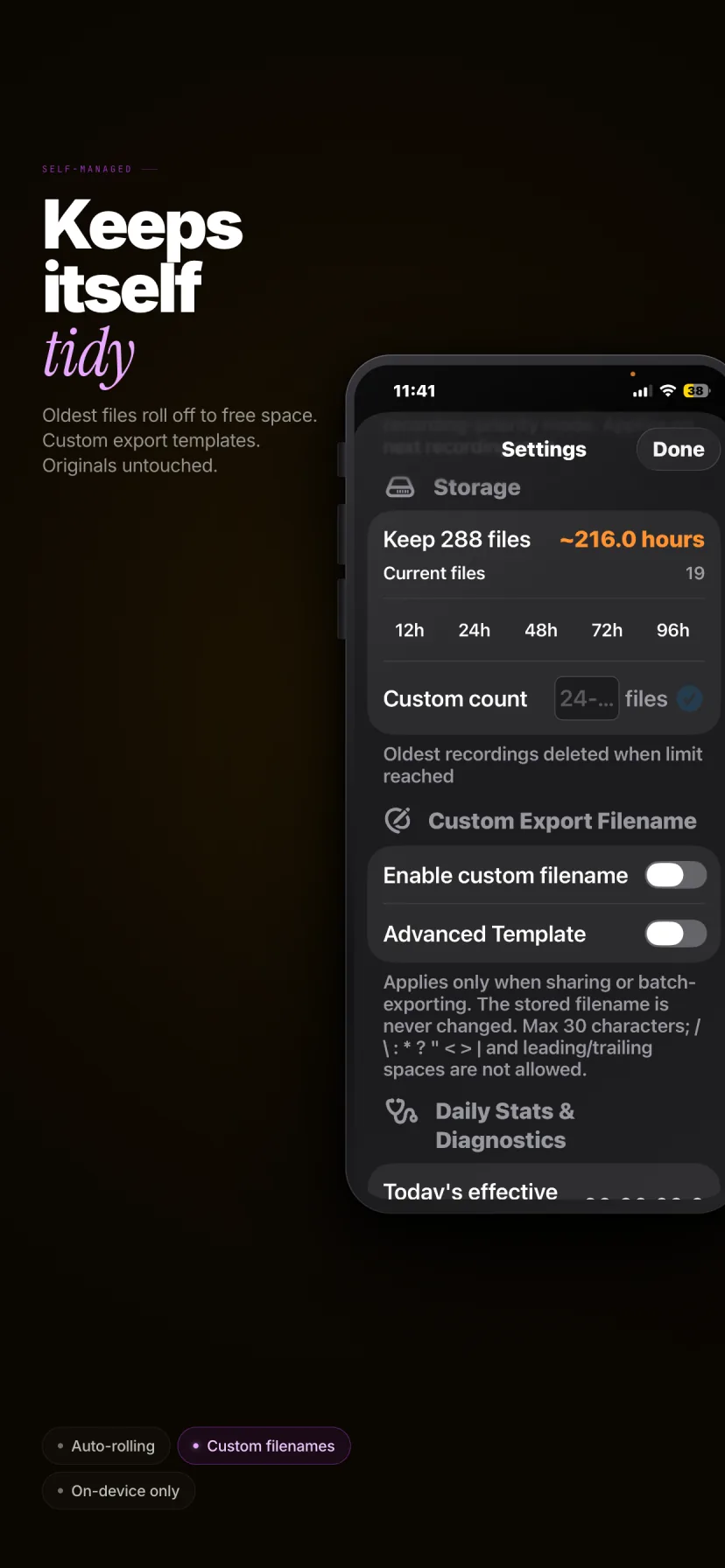 MemoK storage retention and custom export filename settings