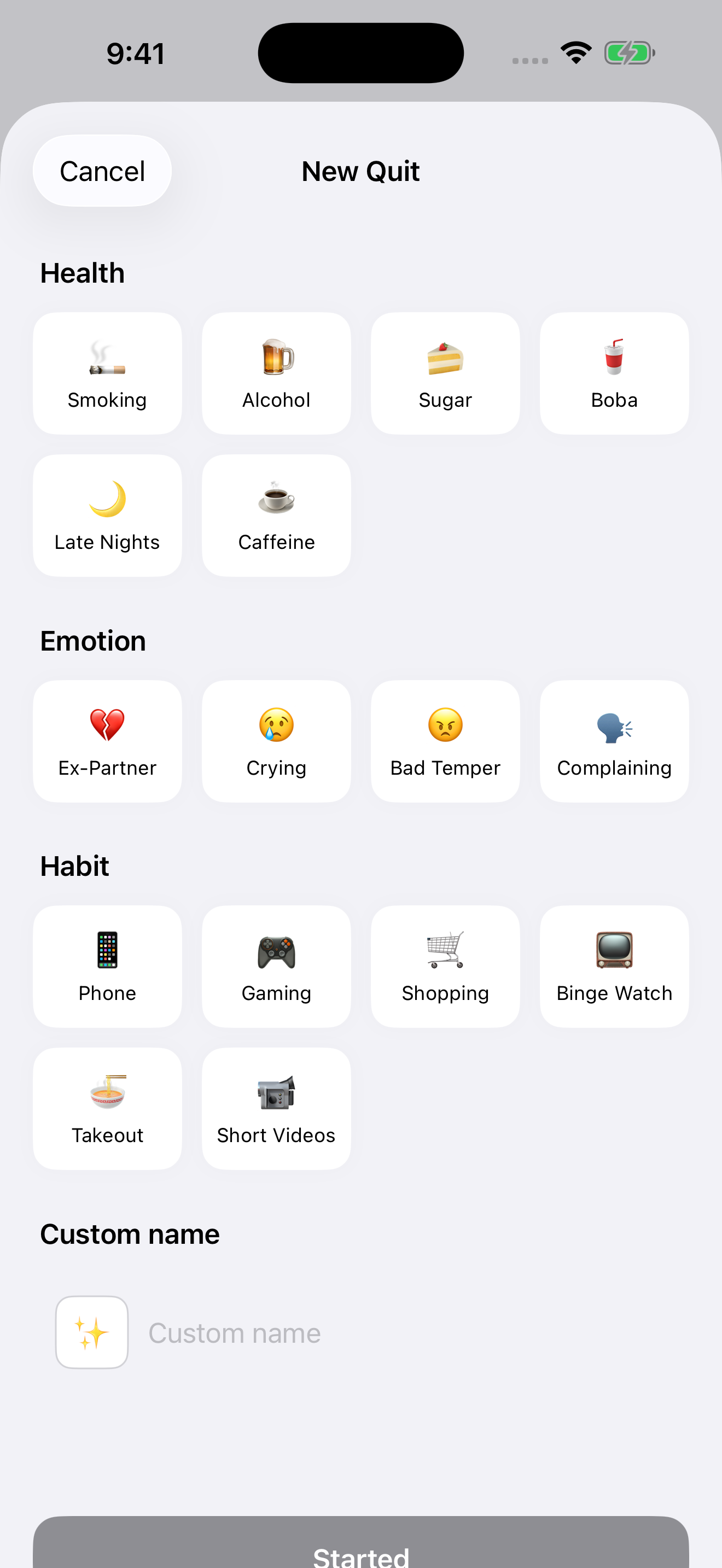 QuitApp New Quit sheet with goal presets and a custom goal field.
