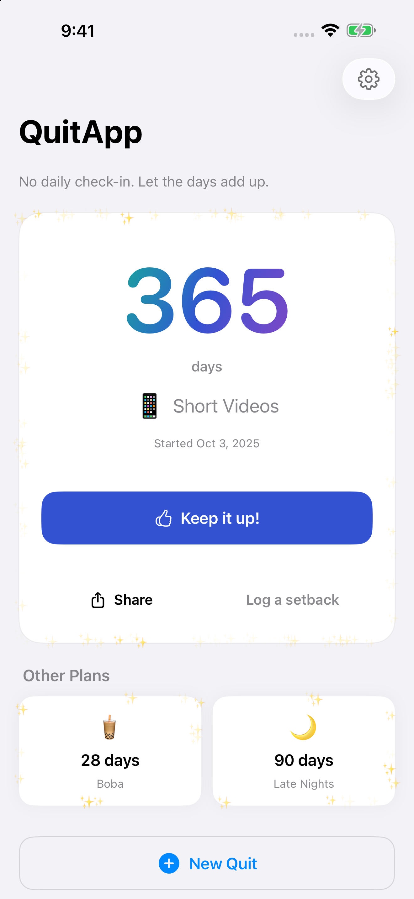 QuitApp showing a 365-day Short Videos goal, with separate Boba and Late Nights goals.