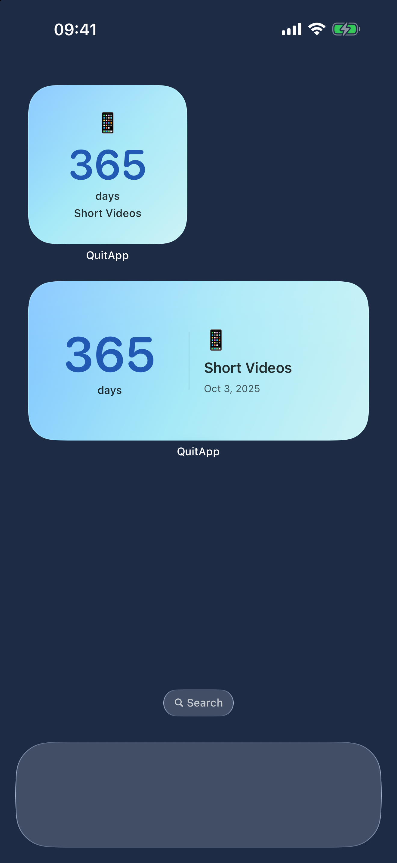 Actual iPhone Home Screen with small and medium QuitApp widgets, both showing the example Short Videos goal at 365 days.