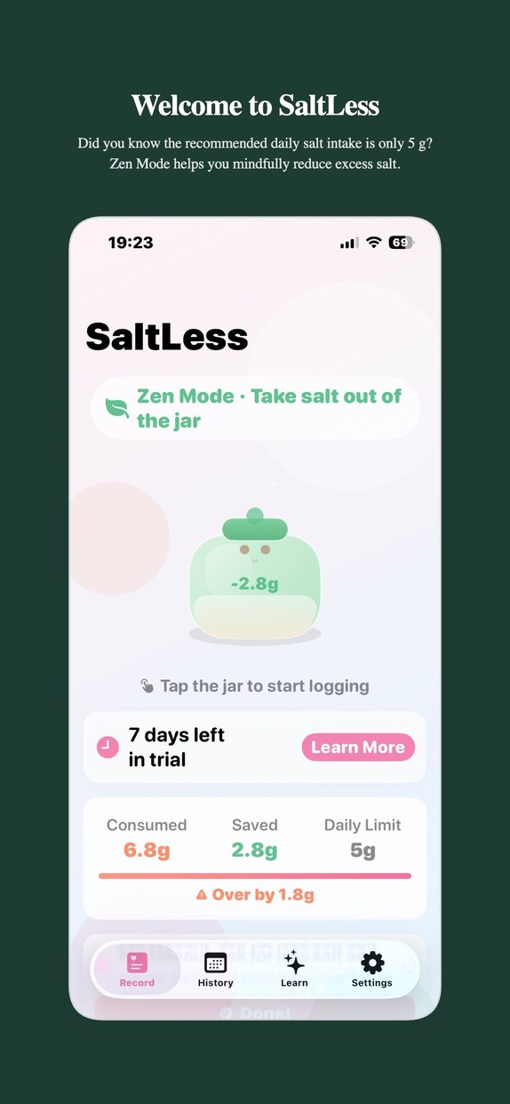 SaltLess Zen Mode showing salt saved in a jar and separate consumed and saved totals.