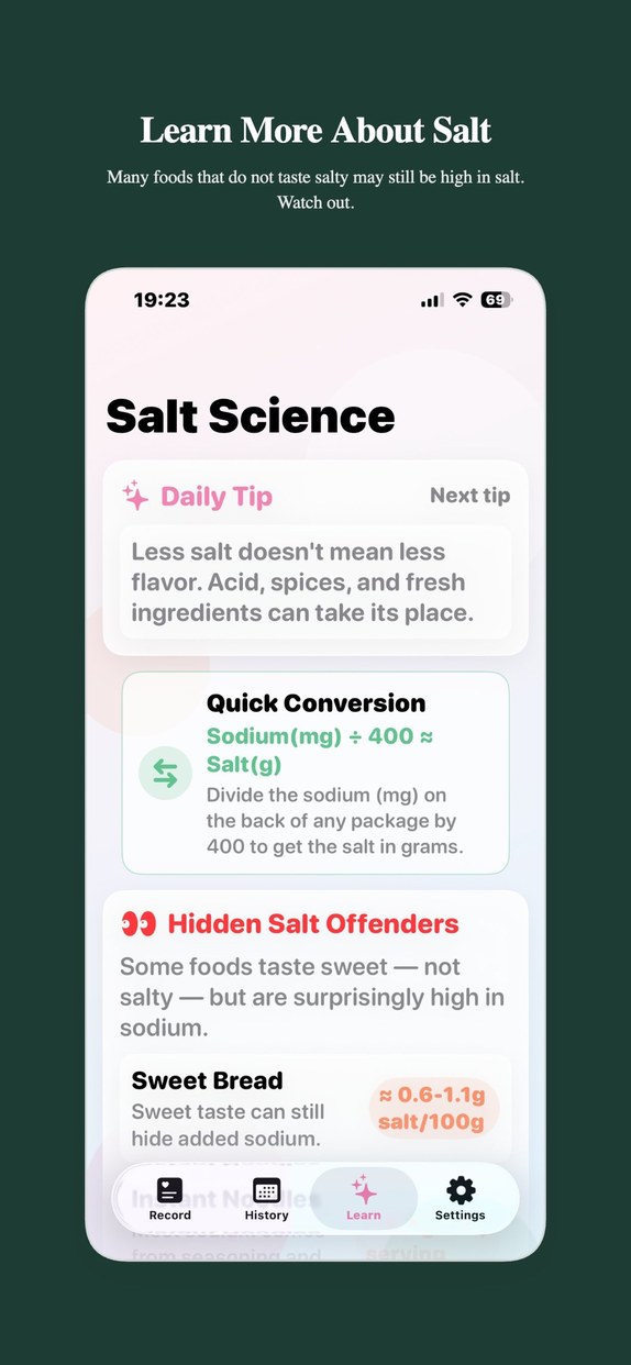 SaltLess Learn view showing sodium-to-salt conversion and everyday information about salt in food.