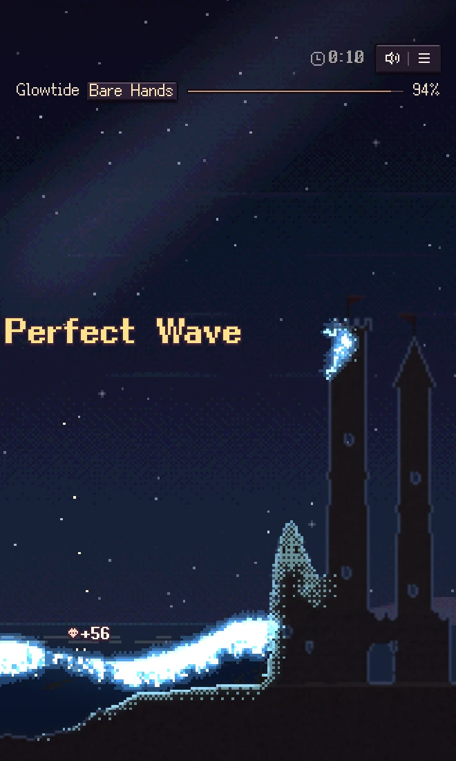 Bare Hands at Glowtide, in the game: the timer at the top, no upgrade tray, only the waves.