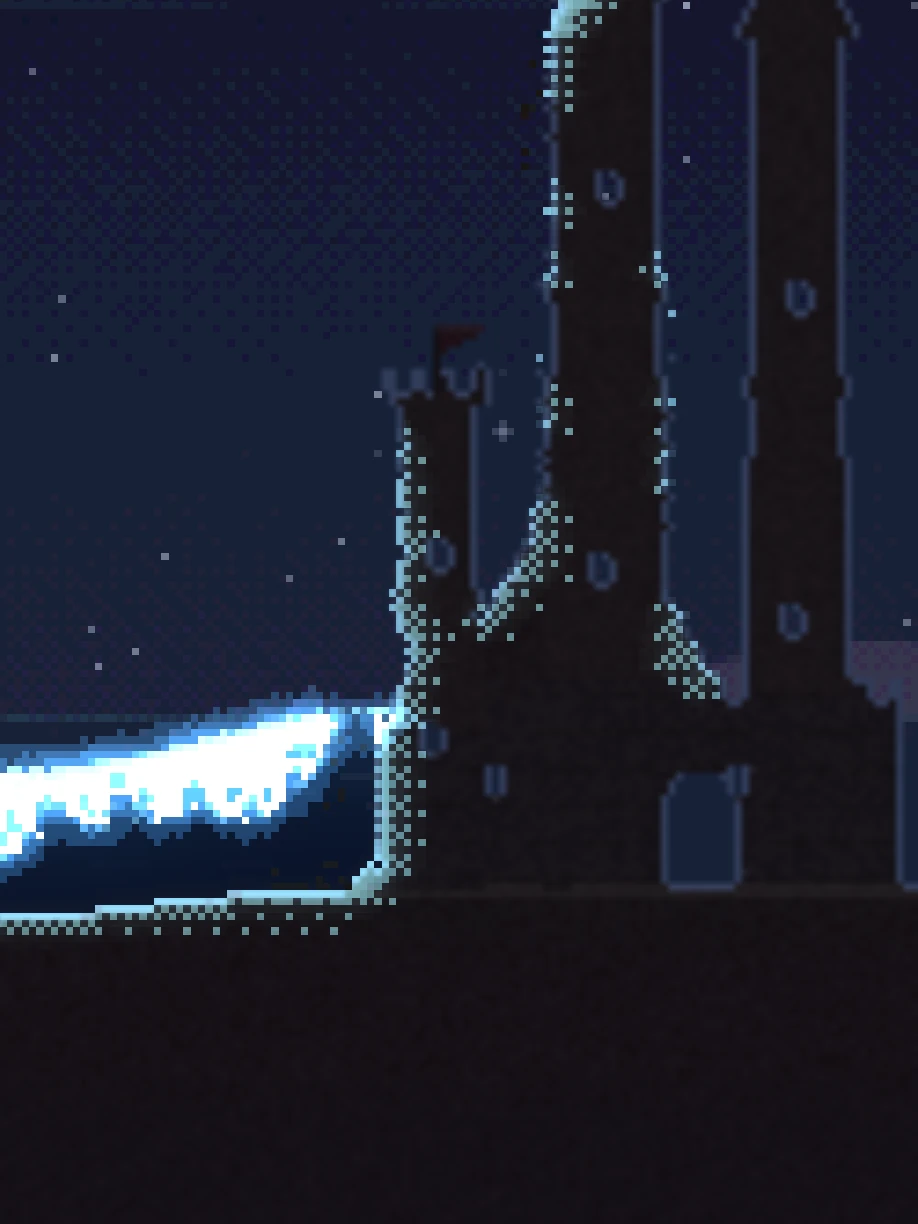 Glowtide on a new-moon night, in the game: a dark sandcastle, and the sand glowing where the waves touch.